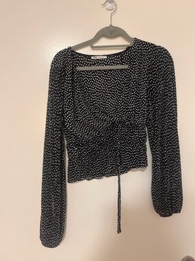 Zara Black and White Polka Dot Tie-Front Long Sleeve Top